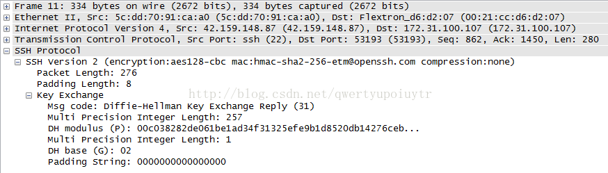 C] Frame 11: 334 bytes on wire (2672 bits), 334 bytes captured (2672 bits) C] Ethernet 11, src: 5c:dd:70:91:ca:aO (5c:dd:70:91:ca:aO), Dst: Flextron_d6:d2:07 (00:21 C:] Internet protocol version 4, src: 42.159.148. 87 (42.159.148. 87), DSt: 172. 31.100.107 (172. 31.100.107) Transmission control protocol, src Port: ssh (22), ost Port: 53193 (53193), seq: 862, Ack: 1450, Len: 280 C:] ssH protocol SSH version 2 (encryption: aes128-cbc mac : hmac-sha2-256-etnaopenssh. com compression: none) packet Length: 276 padding Length: 8 C] Key Exchange Msg code: Diffi e-He11man Key Exchange Reply (31) Multi precision Integer Length: 257 DH modulus (p): ooc038282de061be1ad34f31325efe9b1d8520db14276ceb. Multi precision Integer Length: 1 DH base (G): 02 padding string: 0000000000000000