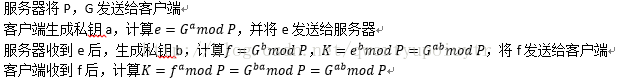 服 务 器 将 G 发 送 拾 客 F 端 客F端生成私钥@ 计 算 ， 将 e 发 送 拾 服 务 器 e=C,amodP f=GbmodP K=ebmodP—GabmodP 服 务 器 牧 到 e 后 ， 生 成 私 钥 一 b ， 计 算 K ： 丆 。 谳 00 p 一 G 谳 od 尹 一 Gabmod p 矚 」 客 F 端 牧 到 f 后 ， 计 算 ， 将 f 发 送 拾 客 F 端